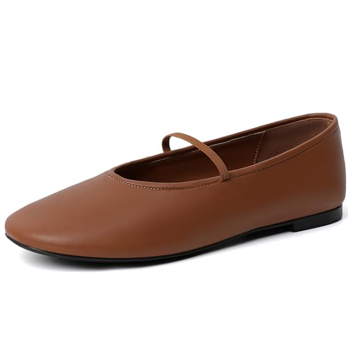 GOUPSKY Ballerinas für Damen, Mary Jane-Schuhe mit elastischem Riemen, geschlossene runde Zehenpartie, Slipper, flache Schuhe, für das ganze Jahr, tägliche Arbeit, Freizeit, Braun, 38.5 EU von GOUPSKY