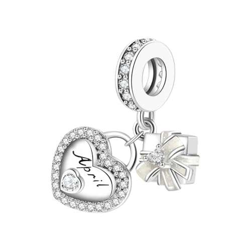 GOUWO Charm mit Geburtsstein für April 925er Sterlingsilber Herz Geschenk Baumelnder Charm kompatibel mit Pandora Halsketten und Armbändern Schmuck für Weihnachten Geburtstag Muttertag Jahrestag von GOUWO