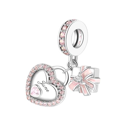 GOUWO Charm mit Geburtsstein für Juni 925er Sterlingsilber Herz Geschenk Baumelnder Charm kompatibel mit Pandora Halsketten und Armbändern Schmuck für Weihnachten Geburtstag Muttertag Jahrestag von GOUWO