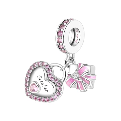 GOUWO Charm mit Geburtsstein für Oktober 925er Sterlingsilber Herz Geschenk Baumelnder Charm kompatibel mit Pandora Halsketten und Armbändern Schmuck für Weihnachten Geburtstag Muttertag Jahrestag von GOUWO