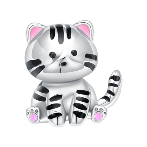 GOUWO Gestreifte Katze 925er Silber Charms Kompatibel mit Pandora Armband Halskette Schmuck für Frauen Mutter Tochter Geburtstag Halloween Muttertag Valentinstag Geschenke von GOUWO