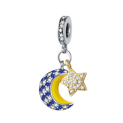GOUWO Goldener Stern Blauer Mond 925er Silber Charms Kompatibel mit Pandora Armband Halskette Schmuck für Frauen Mutter Tochter Geburtstag Halloween Muttertag Valentinstag Geschenke von GOUWO