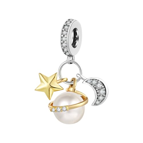 GOUWO Goldener Stern und Mond 925er Silber-Charms für Armbänder und Halsketten passend für Pandora Armbänder Geburtstag Halloween Muttertag Valentinstag Geschenke für Frauen Mutter Tochter von GOUWO