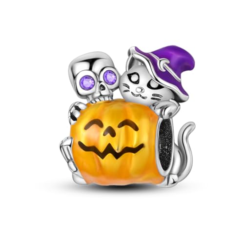 GOUWO Skelett Kürbis Hexenhut Katze 925er Silber Charms Kompatibel mit Pandora Armband Halskette Schmuck für Frauen Mutter Tochter Geburtstag Halloween Muttertag Valentinstag Geschenke von GOUWO