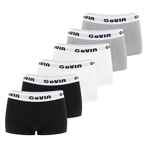 GOVIA Damen Boxershorts Baumwolle mit Flexibel Sportlicher Bund Unterwäsche für Frauen Unterhosen 6er Pack Schwarz Weiß Grau M von GOVIA