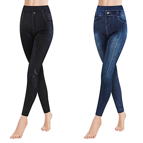 Libella Damen Jeansoptik Leggings Hohe Taillen Leggings mit Bund Mode Shaping Leggins Dehnbar Formende Treggings Streetwear Hosen 4162 2er Pack C+F S/M von GOVIA