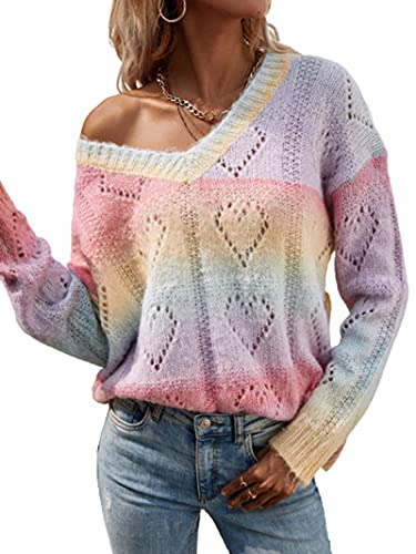 BeerMmay Damen Regenbogen-Strickpullover, Y2k, Strickpullover, Pullover, Farbblock-Pullover, Strickoberteil, Ccoop Neck, langärmeliger Pullover, A-Regenbogen, S von GOWEGB