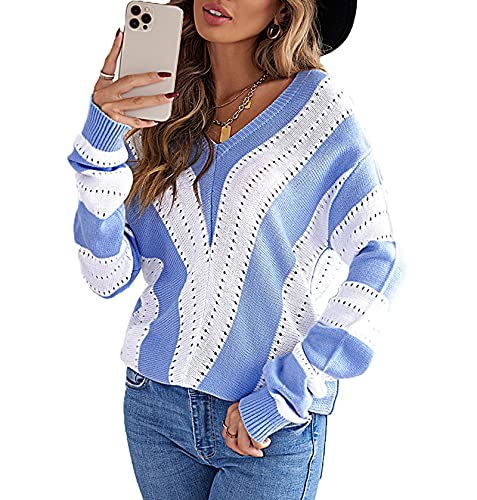 BeerMmay Regenbogen-Strickpullover für Damen, Y2K-Strickpullover, Farbblock, Rundhalsausschnitt, Langarm-Pullover, A-Sky Blue, M von BeerMmay