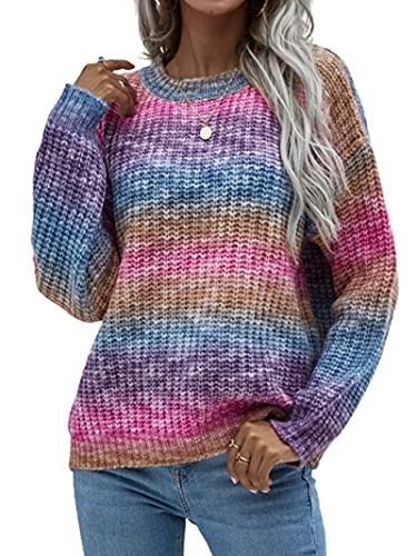 BeerMmay Regenbogen-Strickpullover für Damen, Y2K-Strickpullover, Farbblock, Rundhalsausschnitt, Langarm-Pullover, A-Purple, L von BeerMmay