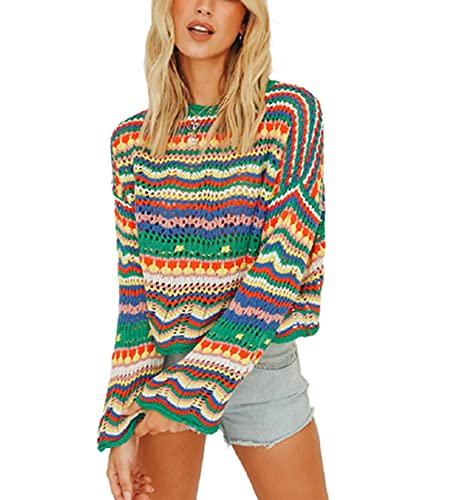 BeerMmay Regenbogen-Strickpullover für Damen, Y2K-Strickpullover, Farbblock, Rundhalsausschnitt, Langarm-Pullover, B-bunt, S von BeerMmay