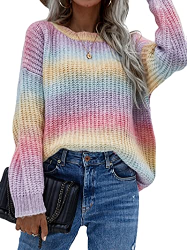 BeerMmay Regenbogen-Strickpullover für Damen, Y2K-Strickpullover, Farbblock, Rundhalsausschnitt, Langarm-Pullover, C-Regenbogen, XL von BeerMmay