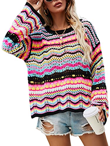 BeerMmay Regenbogen-Strickpullover für Damen, Y2K-Strickpullover, Farbblock, Rundhalsausschnitt, Langarm-Pullover, C-bunt, M von BeerMmay