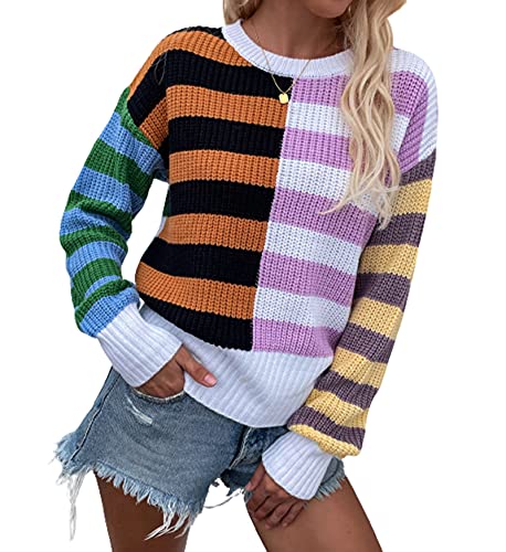 BeerMmay Regenbogen-Strickpullover für Damen, Y2K-Strickpullover, Farbblock, Rundhalsausschnitt, Langarm-Pullover, C-weiß, S von BeerMmay