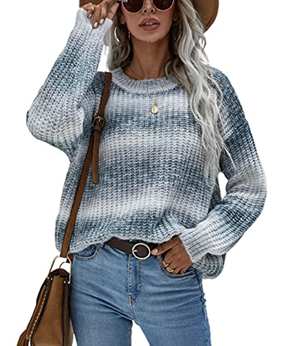 BeerMmay Regenbogen-Strickpullover für Damen, Y2K-Strickpullover, Farbblock, Rundhalsausschnitt, Langarm-Pullover, A-Grau, L von BeerMmay