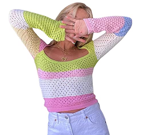 BeerMmay Unregelmäßiges Top für Damen, DIY-Strickpulli, Y2k Strickwaren, Crop Tank-Top, getragen Werden, A-Regenbogen, L von BeerMmay