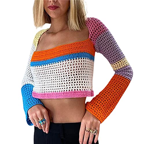 BeerMmay Unregelmäßiges Top für Damen, DIY-Strickpulli, Y2k Strickwaren, Crop Tank-Top, getragen Werden, A-orange/blau, S von BeerMmay