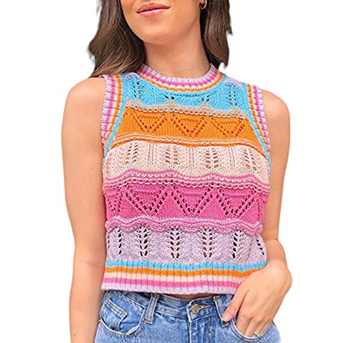 BeerMmay Unregelmäßiges Top für Damen, DIY-Strickpulli, Y2k Strickwaren, Crop Tank-Top, getragen Werden, B-Regenbogen, M von BeerMmay