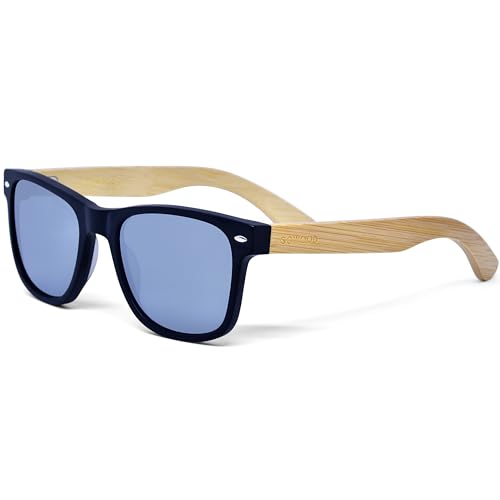 Sonnenbrille Damen & Herren Holz | Premium Bambus Bügel Schwarzer Acetatrahmen | Holzbrille UV400 Polarisiert Gläser | Damen & Herren Sonnenbrille UV Schutz | (silber) von GOWOOD