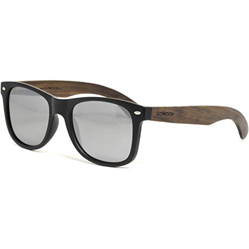 Sonnenbrille Damen & Herren Holz | Premium Ebenholzbügel Schwarzer Acetatrahmen | Holzbrille UV400 Polarisiert Gläser | Damen & Herren Sonnenbrille UV Schutz | (silber) von GOWOOD