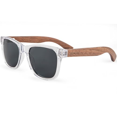 Sonnenbrille Damen & Herren Holz | Premium Walnussholzbügel Schwarzer Acetatrahmen | Holzbrille UV400 Polarisiert Gläser | Damen & Herren Sonnenbrille UV Schutz | (schwarz) von GOWOOD