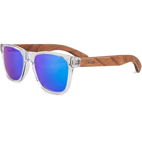 Sonnenbrille Damen & Herren Holz | Premium Walnussholzbügel Schwarzer Acetatrahmen | Holzbrille UV400 Polarisiert Gläser | Damen & Herren Sonnenbrille UV Schutz | (schwarz) von GOWOOD