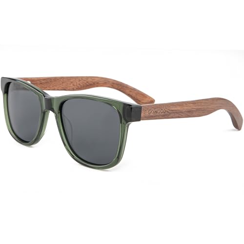 Sonnenbrille Damen & Herren Holz | Premium Walnussholzbügel Schwarzer Acetatrahmen | Holzbrille UV400 Polarisiert Gläser | Damen & Herren Sonnenbrille UV Schutz | (schwarz) von GOWOOD