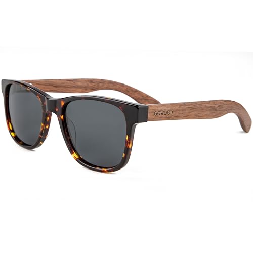 Sonnenbrille Damen & Herren Holz | Premium Walnussholzbügel Schwarzer Acetatrahmen | Holzbrille UV400 Polarisiert Gläser | Damen & Herren Sonnenbrille UV Schutz | (schwarz) von GOWOOD