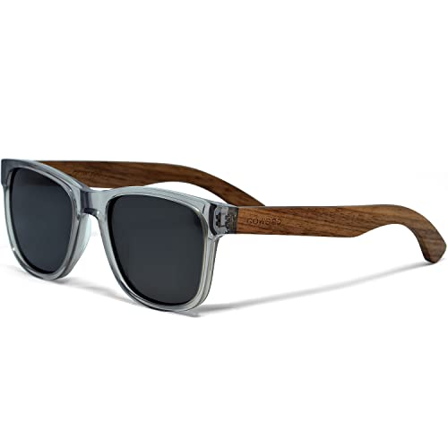 Sonnenbrille Damen & Herren Holz | Premium Walnussholzbügel Transparenter Acetatrahmen | Holzbrille UV400 Polarisiert Gläser | Damen & Herren Sonnenbrille UV Schutz | (schwarz) von GOWOOD