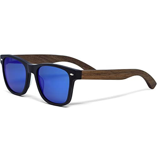 Sonnenbrille Damen & Herren Holz | Premium Walnussholzbügel Schwarzer Acetatrahmen | Holzbrille UV400 Polarisiert Gläser | Damen & Herren Sonnenbrille UV Schutz | (blau) von GOWOOD