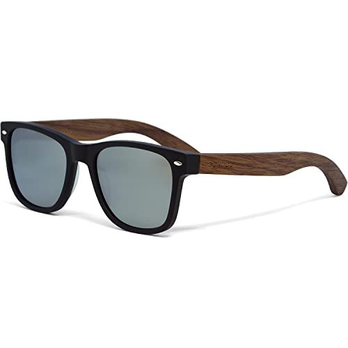 Sonnenbrille Damen & Herren Holz | Premium Walnussholzbügel Schwarzer Acetatrahmen | Holzbrille UV400 Polarisiert Gläser | Damen & Herren Sonnenbrille UV Schutz | (silber) von GOWOOD