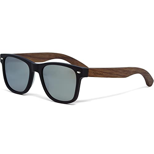 Sonnenbrille Damen & Herren Holz | Premium polarisiert Walnussholzbügel schwärzer Acetatrahmen | verdunkelte Holzbrille UV400 Gläser | Damen & Herren Sonnenbrille UV Schutz | (silber) von GOWOOD