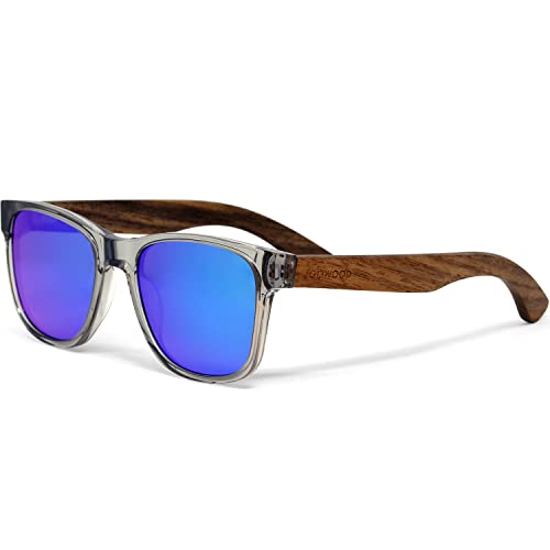 Sonnenbrille Damen & Herren Holz | Premium polarisiert Walnussholzbügel transparenter Acetatrahmen | verdunkelte Holzbrille UV400 Gläser | Damen & Herren Sonnenbrille UV Schutz | (blau) von GOWOOD