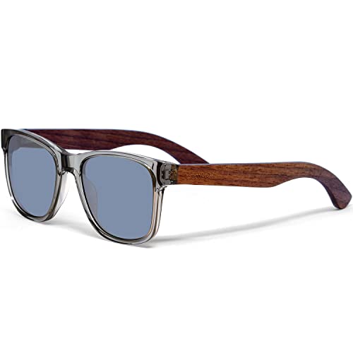 Sonnenbrille Damen & Herren Holz | Premium polarisiert Walnussholzbügel transparenter Acetatrahmen | verdunkelte Holzbrille UV400 Gläser | Damen & Herren Sonnenbrille UV Schutz | (silber) von GOWOOD
