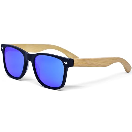 Sonnenbrille Damen & Herren Holz | Premium Bambus Bügel Schwarzer Acetatrahmen | Holzbrille UV400 Polarisiert Gläser | Damen & Herren Sonnenbrille UV Schutz | (blau) von GOWOOD