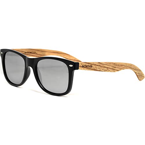 Sonnenbrille Damen & Herren Holz | Premium Zebraholzbügel Schwarzer Acetatrahmen | Holzbrille UV400 Polarisiert Gläser | Damen & Herren Sonnenbrille UV Schutz | (silber) von GOWOOD