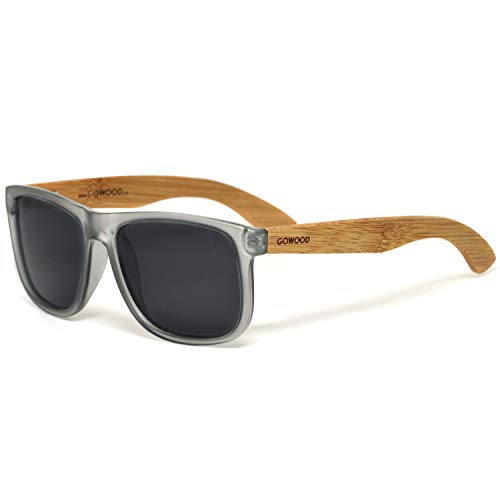Sonnenbrille Herren und Damen Holz | Premium polarisiert Bambus Holzbügel mit Matt Grau Acetatrahmen | Geschwärzte Holzbrille UV400 Gläser | Damen & Herren Sonnenbrille UV Schutz | (schwarz) von GOWOOD