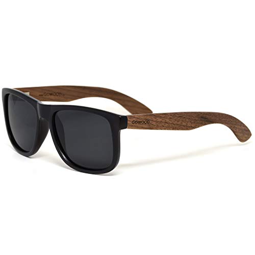 Sonnenbrille Herren und Damen Holz | Premium polarisiert Walnussholzbügel mit Schwärzer Acetatrahmen | Geschwärzte Holzbrille UV400 Gläser | Damen & Herren Sonnenbrille UV Schutz (schwarz) von GOWOOD
