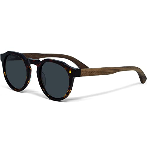 Sonnenbrille Herren und Damen Polarisiert Holz Panto Rund | Premium Walnussholzbügel mit Tortoise Acetatrahmen | Geschwärzte Holzbrille UV400 Gläser | Damen & Herren Sonnenbrille UV Schutz von GOWOOD
