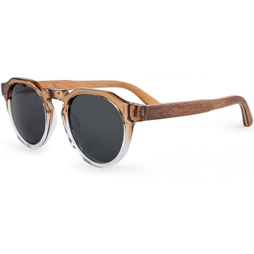 Sonnenbrille Herren und Damen Polarisiert Holz Panto Rund | Walnuss-Ahorn-Walnuss Holzbügel mit Beige Verblasst Acetatrahmen | Geschwärzte Holzbrille UV400 Gläser | Damen & Herren Sonnenbrille UV von GOWOOD