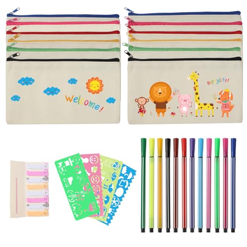12 leere Leinen-Reißverschlusstaschen, Leinen-Reißverschlusstaschen, Basteltaschen, blanko Stoff-Federmäppchen, multifunktionale Kosmetiktasche aus Segeltuch mit Farbstift, Canvas-Make-up-Tasche zur von GOWTX