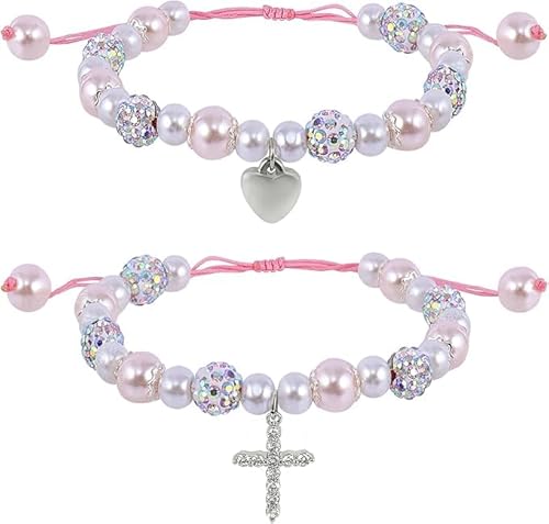 GOWTX 2 Stück Erstkommunion Geschenke Armbänder aus Perlen, Herz und Kreuz Motiv Rosenkranz Armbänder, Rosa Perle und Strasskugeln Herz Armband Mädchen von GOWTX
