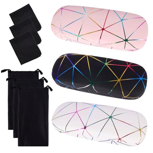GOWTX 3 Stück Brillenetui Hardcase, Trendiges Buntes Brillenetui, Groß Brillenetui Personalisiert, Tragbar Hartschalen Brillentasche mit Brillenputztuch, Kratzfeste Brillenbox für Damen Sonnenbrille von GOWTX