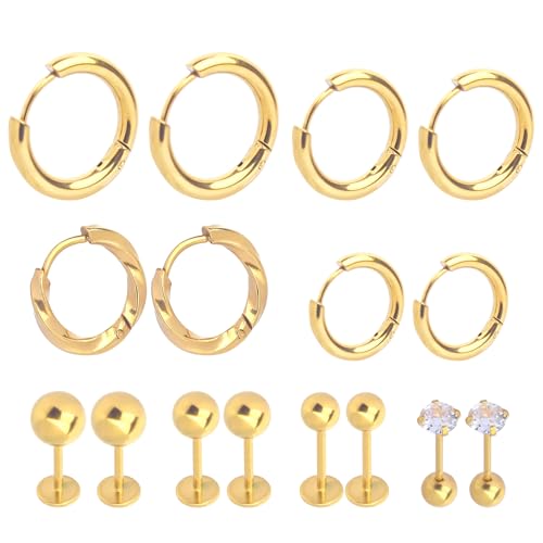 Hypoallergen Creolen Ohrringe Chirurgenstahl, 8 Paar Klein Flatback Ohrring Mehrzweck Set, Winzige Goldene Ohrring Knorpel mit Flacher Rückseite, Zirkonia Kugel Helix Piercings Ohrstecker für Damen von GOWTX