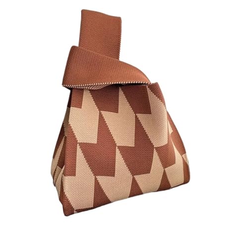 GOXQIT Damen-Handtasche mit Knoten und Streifenmuster, lässige gestrickte Umhängetasche for Einkaufen, wiederverwendbare Einkaufstasche for das Handgelenk für Reisen(Coffee) von GOXQIT