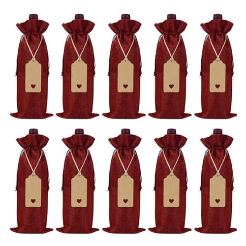 GOXQIT Weinbeutel 10 Stück 35 * 15cm Leinen Kordelzugtasche, Leinen Weinbeutel Set, Weinflaschenbeutel, Weinverkostungsbeutel(Wine red) von GOXQIT