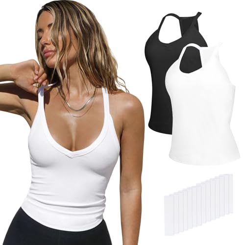 GOZINA 2PCS Tank Top Damen, V-Ausschnitt Unterhemden Damen Weiß und Schwarz, Ärmellos Sommer Tops, Abnehmendes Sporttop von GOZINA