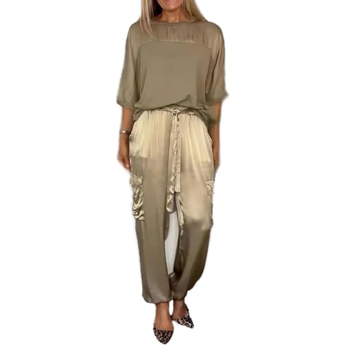 2 Teiler Hosenanzug Damen Zweiteiler Lässige Kleidung Kurzarm Glattem Satin mit Lange Hose Vintage Baggy Set Rundhalsausschnitt T Shir Loungewear (Color : Gold, Size : XL) von GOZYLA