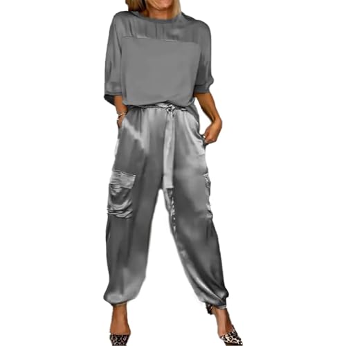 2 Teiler Hosenanzug Damen Zweiteiler Lässige Kleidung Kurzarm Glattem Satin mit Lange Hose Vintage Baggy Set Rundhalsausschnitt T Shir Loungewear (Color : Gray, Size : L) von GOZYLA