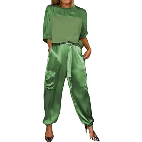 2 Teiliges Damen Set Aus Glattem Satin Oberteil und Hose mit Halben Ärmeln Sommerliches Lässiges Zweiteiliges Satin Outfit Jogger Lounge Set (Color : Green, Size : L) von GOZYLA