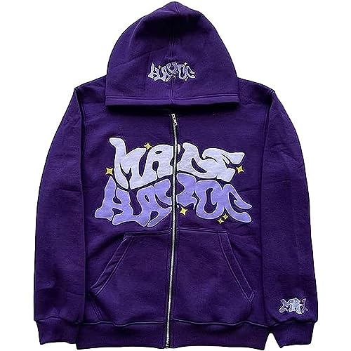 Damen Herren Hoodie Vintage Reißverschluss Sweatshirt Gothic Brief Graphics Loose Herbst Winter Jacke Langarm Große Tasche Outwear mit Kapuze (Color : Purple, Size : L) von GOZYLA